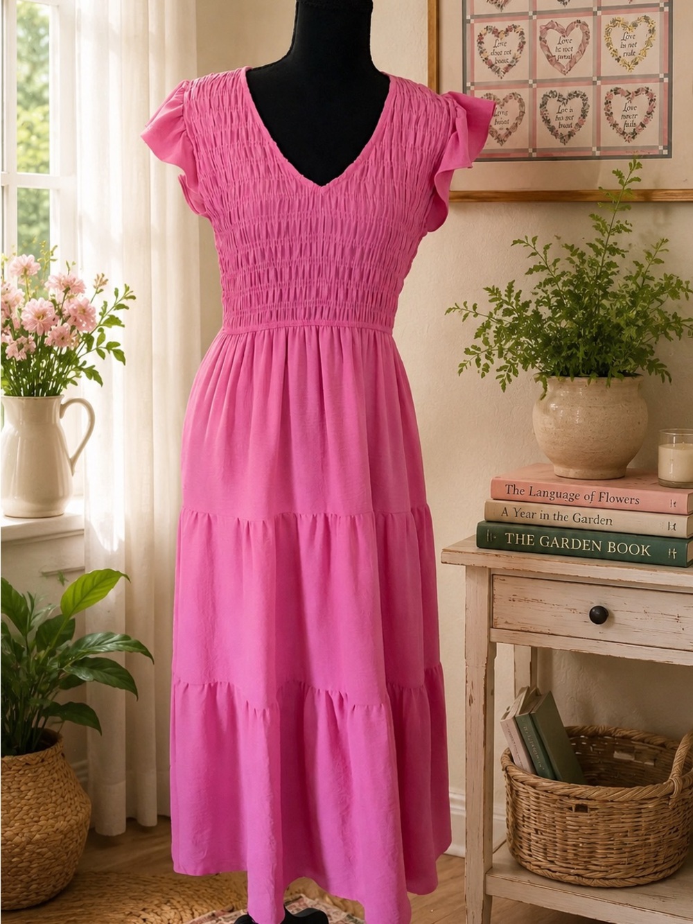 Blu Pepper Hot Pink Smocked V-Neck Tiered Maxi Dress